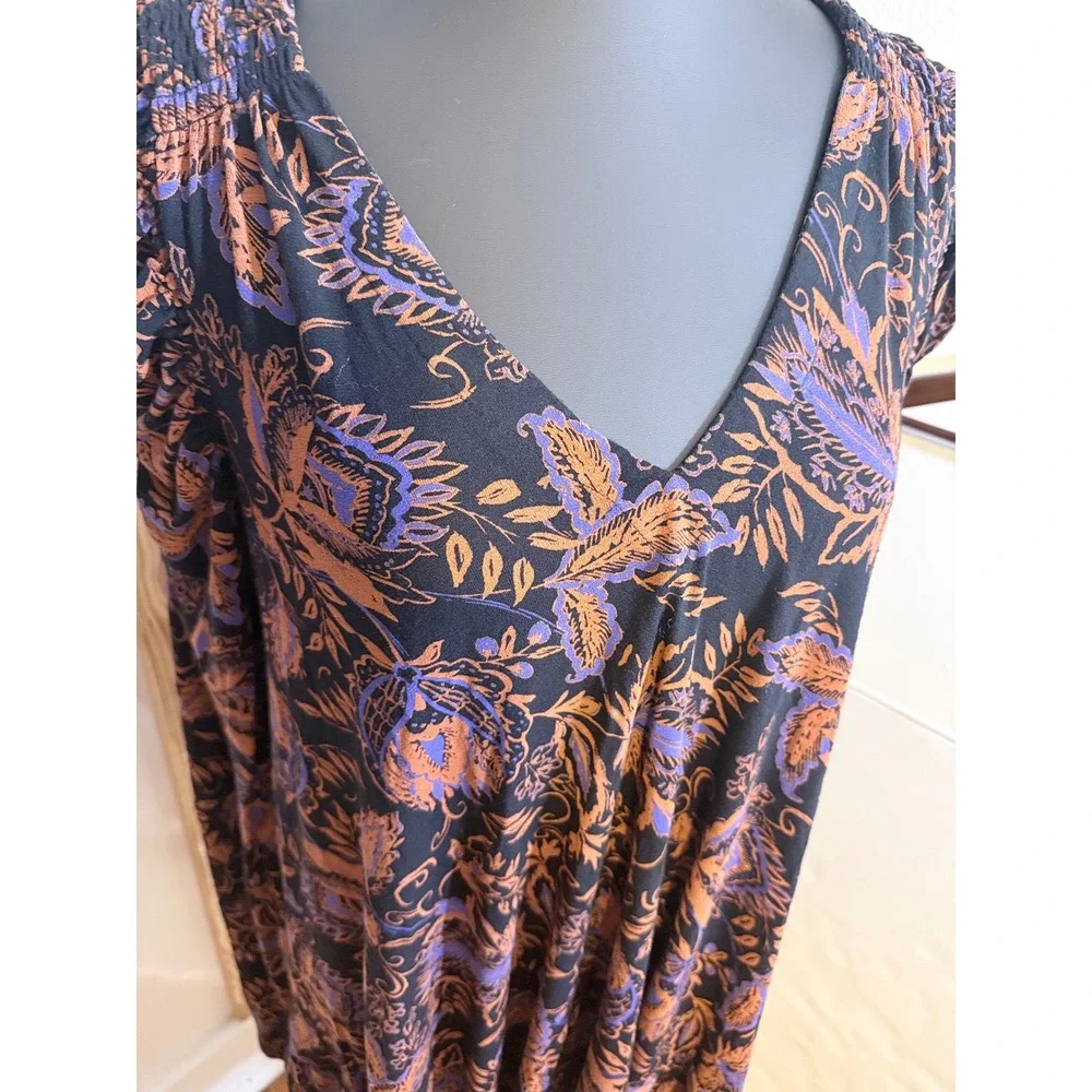 Free People Black& Orange Floral Boho Dress Top Long Sleeve Keyhole‎ Back Small